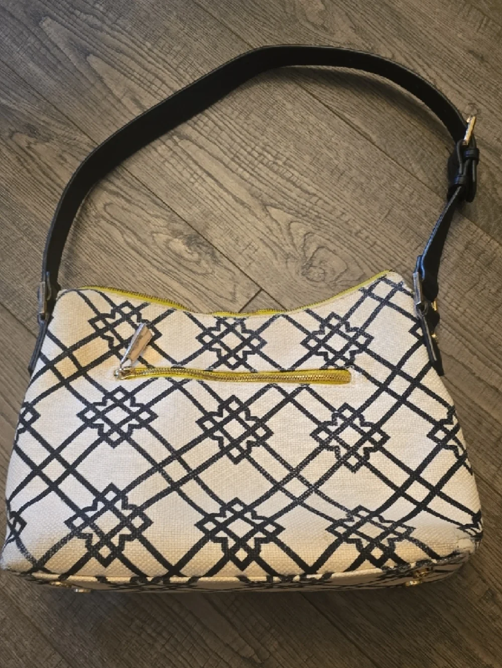 Spartina 449 Cream Canvas Shoulder Bag+ Wallet W/Black Lattice and Yellow Accent